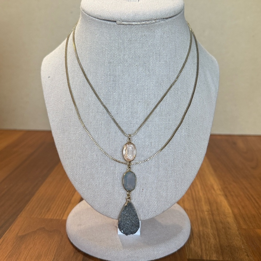 Long Druzy Style Pink Gray Gold Tone Lariat Style Adjustable Necklace Boho Artsy
